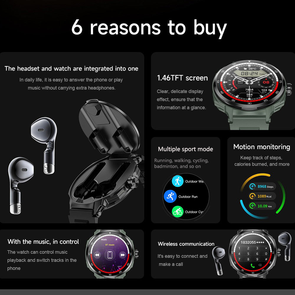 2 in 1 Smart Watch for Men with Wireless Earbuds